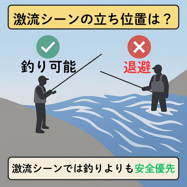 激流シーンの立ち位置の説明画像です